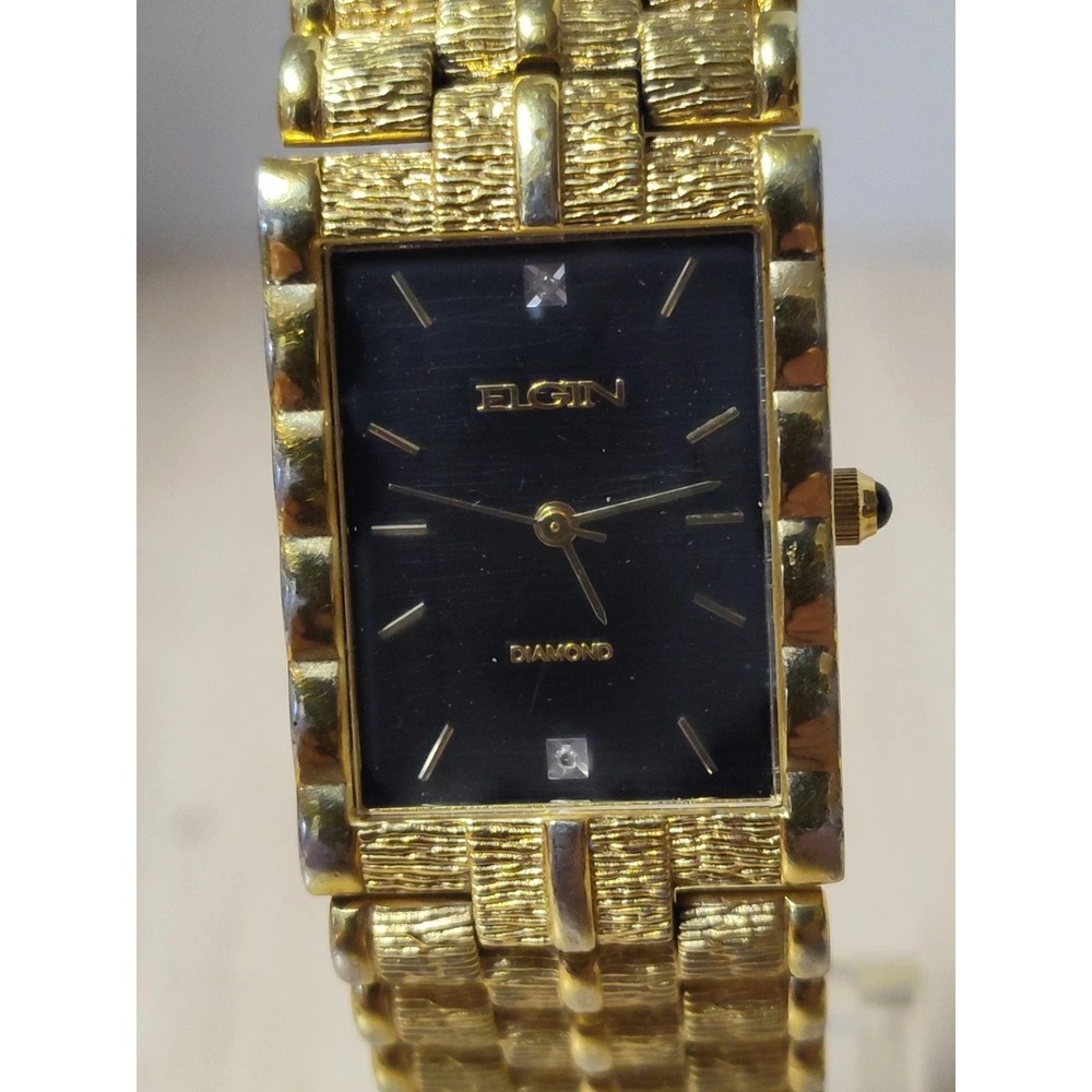 VTG Elign Watch FG007 Mens 23mm‎ Rectangle Gold Tone Dress Office Diamond